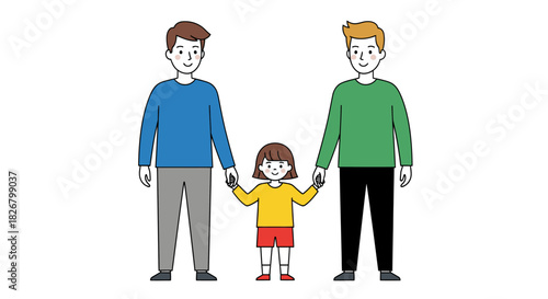 Family portrait of two men and a child holding hands together happily.