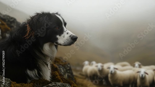 Video A black and white dog sits among a herd of sheep, creating a peaceful scene
