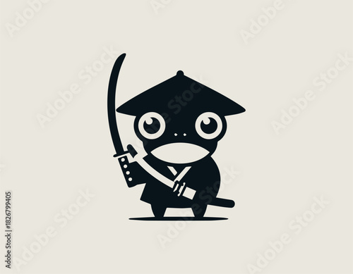 A serious black frog samurai warrior character wearing traditional Japanese armor and a helmet holding a sheathed katana sword in a bold minimalist vector graphic style.