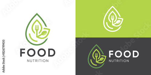 Creative simple food nutrition logo template. Water drop with leaf fork spoon for Healthy food logo design vector illustration.