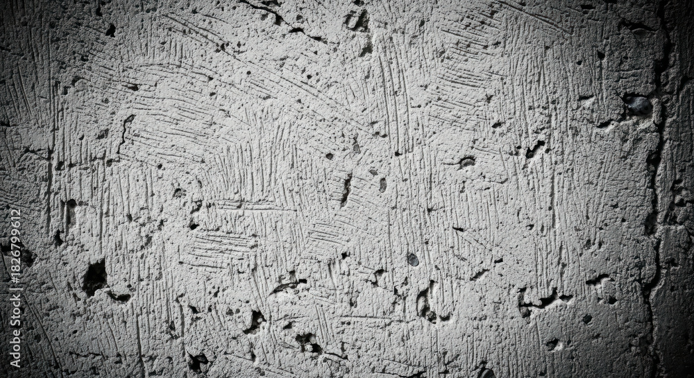 Fototapeta premium Rough scratched concrete wall texture with distressed grey surface and dark vignette creating a grunge background concept.