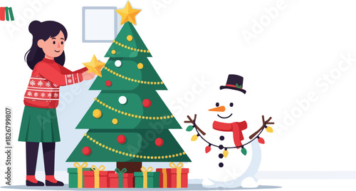 A young woman decorates a Christmas tree, placing a star, with a snowman.