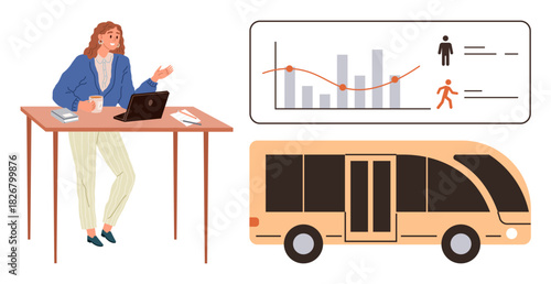 Woman working at desk with laptop and graph analyzing mobility data. Nearby, a bus symbolizes transport concepts. Ideal for analytics, transportation, education, management, research, planning