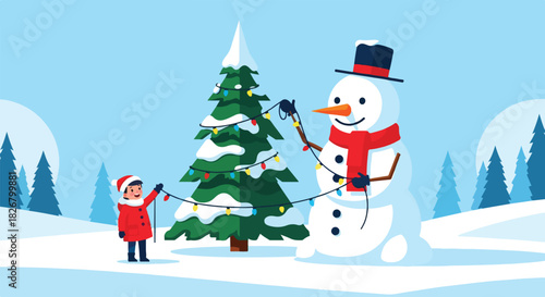 A child decorates a Christmas tree with lights while a snowman stands nearby wearing a hat and scarf in a snowy winter landscape.