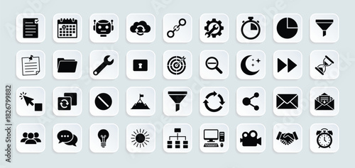 Productivity and workflow line icon set. Vector pictograms of tasks, schedules, tools, process steps, goals, data elements, communication symbols, organization items and work illustration