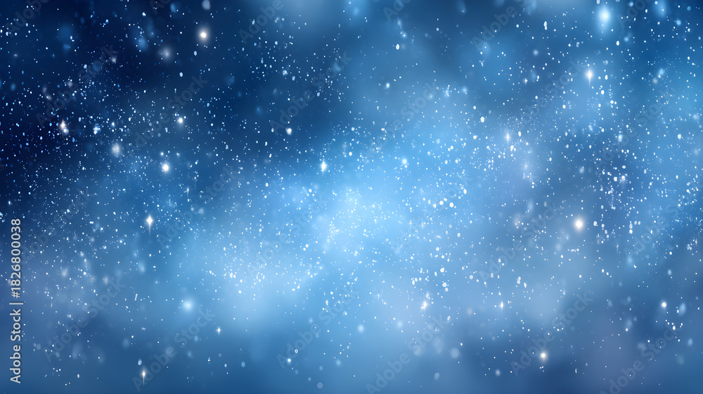 Fototapeta premium Blue winter night sky design with glowing stars, gentle snowfall, dreamy central copy space 