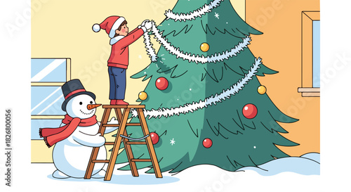 A child wearing a Santa hat decorates a Christmas tree with garland while standing on a ladder, a snowman stands nearby.
