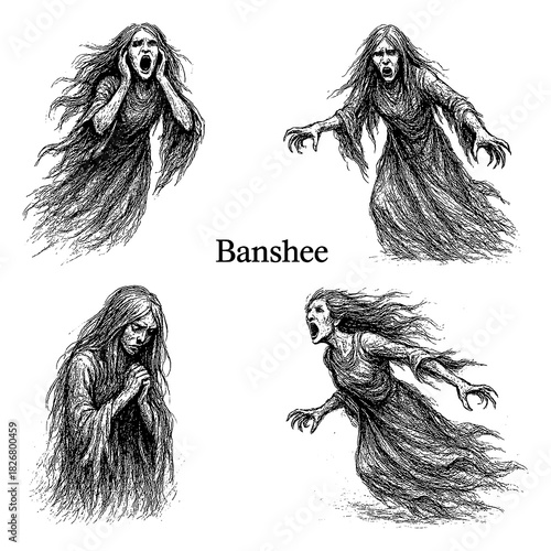 Photos Banshee ghost woman in vintage engraved style with multiple haunting poses, Tran