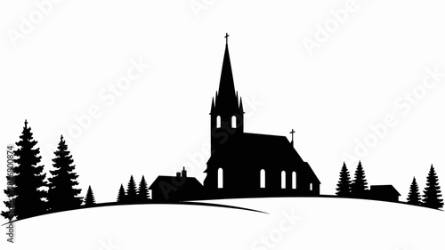 Rural church silhouette with steeple on hill and pine trees, countryside vector illustration