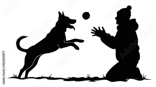  Dog jumping to catch ball with owner, outdoor fetch silhouette vector