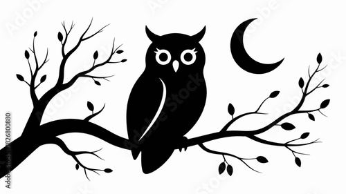  Owl on tree branch with crescent moon, night wildlife silhouette vector
