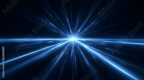 Brilliant blue light streaks accelerate toward a central vanishing point in deep space.