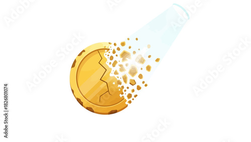 A gold coin with a crack explodes with golden particles flying out in a beam of light on a white background.