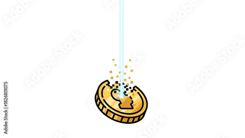 A cartoon coin with confetti exploding from it, hanging from a light blue string against a plain white background with a celebratory mood.
