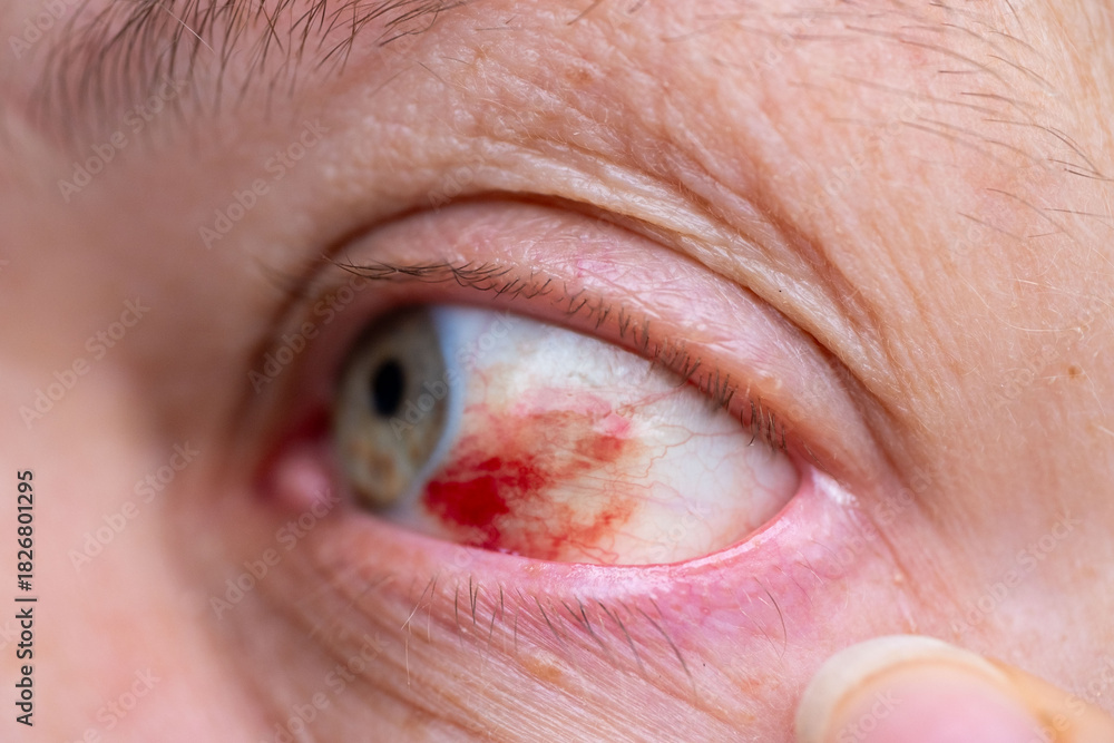 Fototapeta premium Close-up human eye with severe redness and broken blood vessels, showing subconjunctival hemorrhage, clinical detail for medical, health, and ophthalmology concepts, patient healing, blood vessel