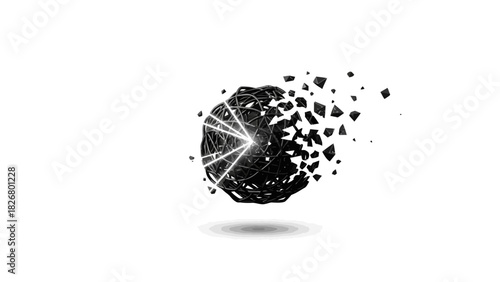 Black sphere with white lines exploding into small pieces on a white background with a subtle shadow effect.