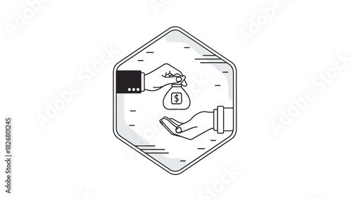 A black and white line drawing of two hands exchanging a money bag within a hexagonal shape on a white background.