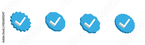 3d Blue check mark icons set. Verified badge with checkmark, approved icon isolated.