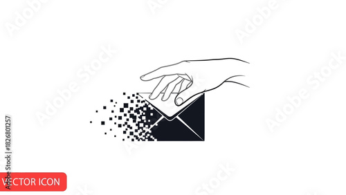 Vector icon of a hand pouring particles out of an envelope on a white background.
