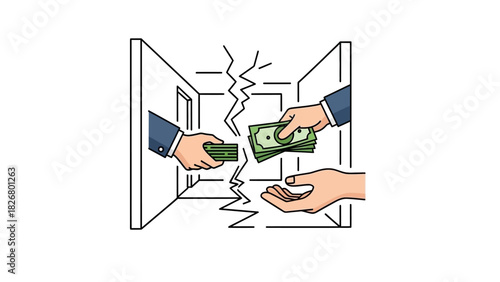 Illustration of two hands exchanging money through an open doorway with a cracked line in between, depicted in a simple line drawing style.
