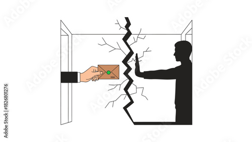 Flat illustration of a person receiving a bill through a broken wall from an unseen hand.
