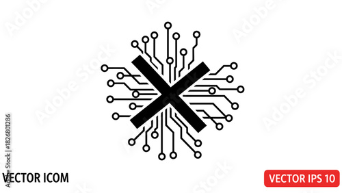 Black vector graphic illustration of a stylized circuit board design with a large X on a white background.