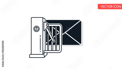 Vector icon of a white turnstile gate with a black background and a red label in the upper right corner.