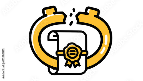 Illustration of a certificate with a gold seal and ribbon surrounded by two curved arrows on a white background with a simple line art style and a sense of achievement.