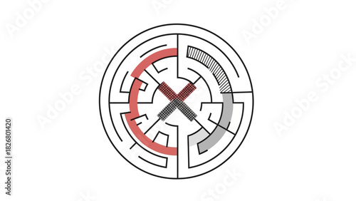 A circular maze with a red and gray path on a white background, featuring a black center point.