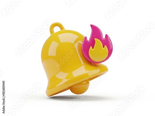 3d rendering of a glossy yellow notification bell icon with a vibrant pink and yellow flame symbol attached, isolated on white background