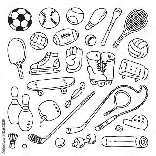 Collection of black and white hand drawn sports equipment and balls soccer ball baseball