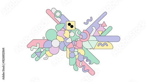 Abstract geometric shapes with a dice in the center, colorful and playful design.