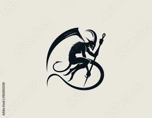 Intense black vector silhouette of a seductive female demon figure with horns, large wings, and a long tail, crouched while holding a menacing crescent scythe. Dark fantasy warrior concept