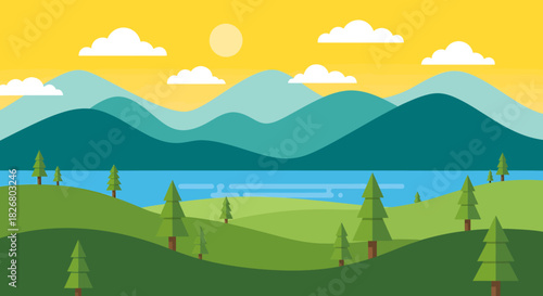 Flat design landscape of rolling green hills a blue lake and layered teal mountains under a yellow sky