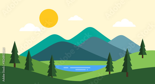 Flat design nature scene with layered mountains sun clouds green hills and pine trees