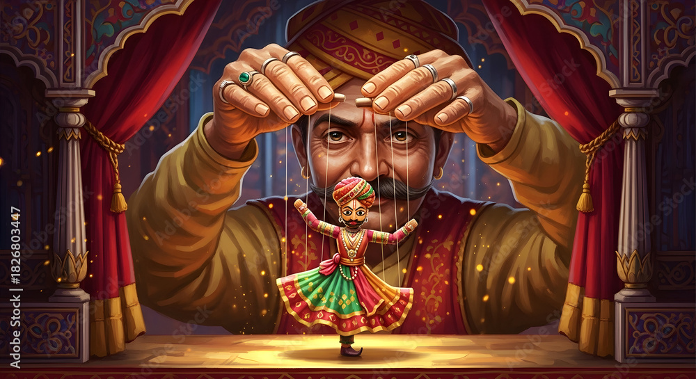 Obraz premium Traditional indian puppeteer manipulating string marionette doll on stage with red curtains realistic illustration