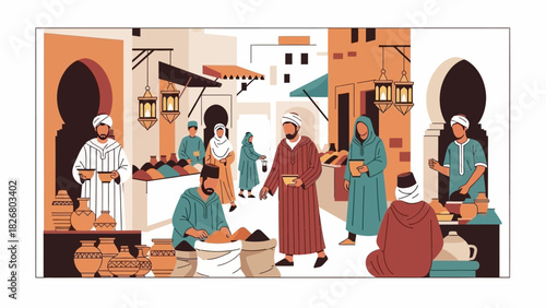 Bustling Moroccan Market Scene with Traditional Attire and Architecture.