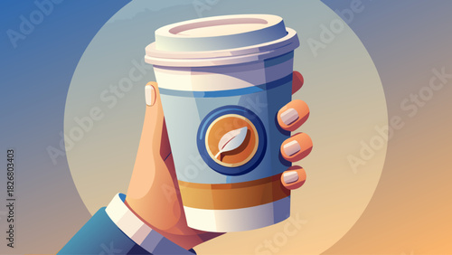 Minimalist paper coffee cup with a secure white lid, showcased in a hand against soft neutral lighting