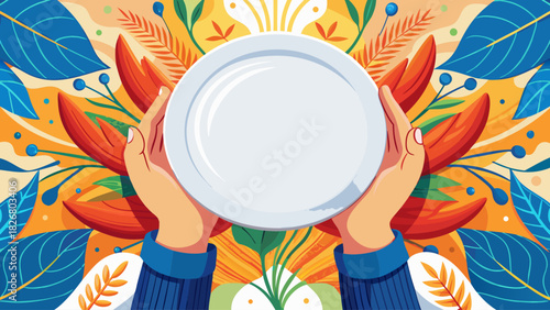 Blank white ceramic plate held carefully in hands against a bright neutral backdrop, ideal for menu design, culinary branding, or stylish food photography