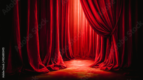 Rideau en velours rouge, drapé et fermé dans un théatre