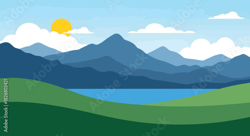 Stylized layered landscape with blue mountains a bright sun and green foreground hills