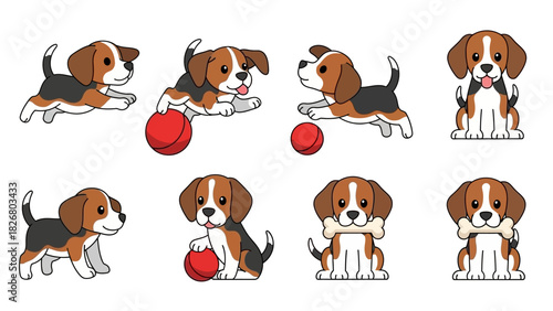 Cartoon Beagle Puppies Playing with Balls and Bones.