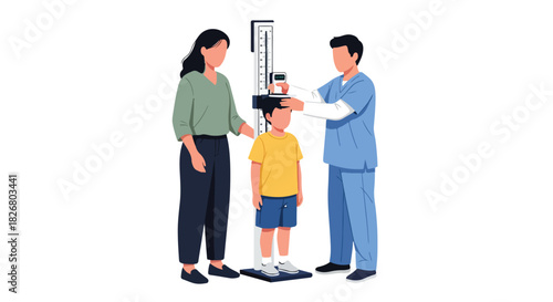 A child is being measured for height by a medical professional, with a parent looking on, symbolizing health checkups and pediatric care in a flat 2D illustration style