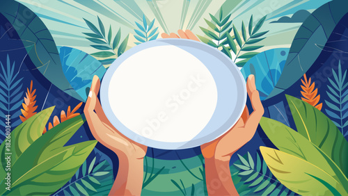White round ceramic plate gently held in both hands, soft natural lighting, minimal clean background, perfect for food presentation or product display