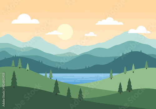 Stylized layered landscape with green hills blue lake and orange sky at sunrisesunset