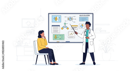 Doctor explaining medical information to patient using a presentation board in a clinic illustration