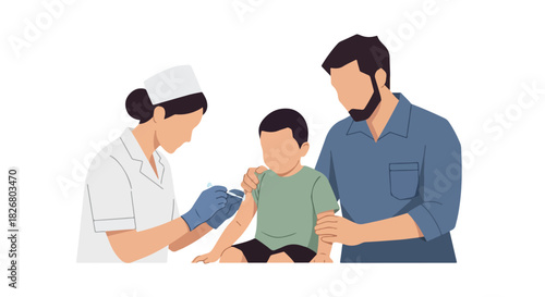 A Nurse Administering a Vaccine to a Child, with a Parent Standing Nearby, Depicted in a Flat, 2D Illustration Style