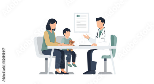 A young child and mother visit a doctor for a medical check-up, with the doctor listening to the child's heartbeat with a stethoscope