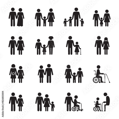 Collection of black family and elderly care stick figure icons people couple