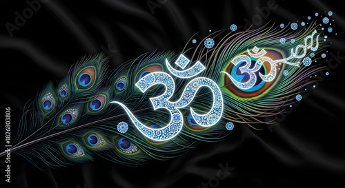 Stylized glowing Om symbol intertwined with peacock feather on dark background representing Hindu spirituality